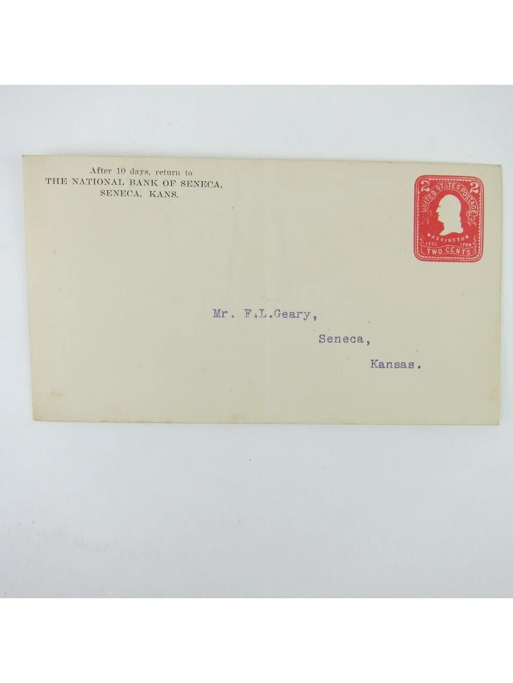 US Postal Stationery F.L. Geary National Bank of Seneca Kansas 2 cent Antique